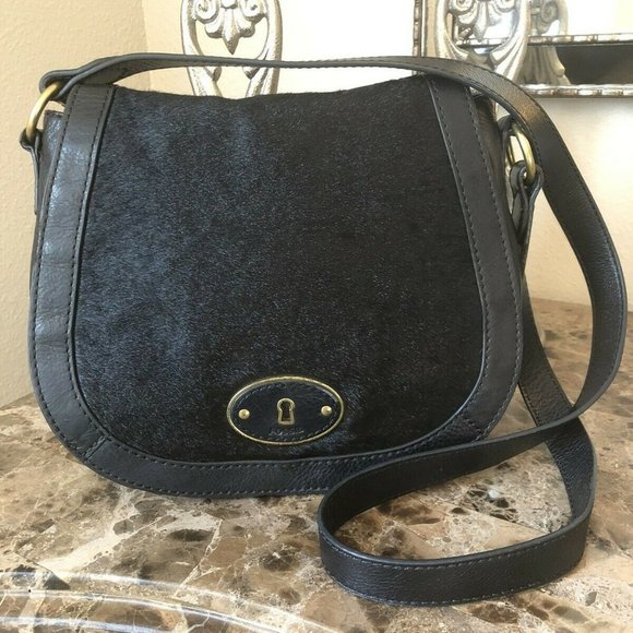 Fossil Handbags - Fossil  Black Leather Pony Hair Flap Front Crossbody Shoulder Bag